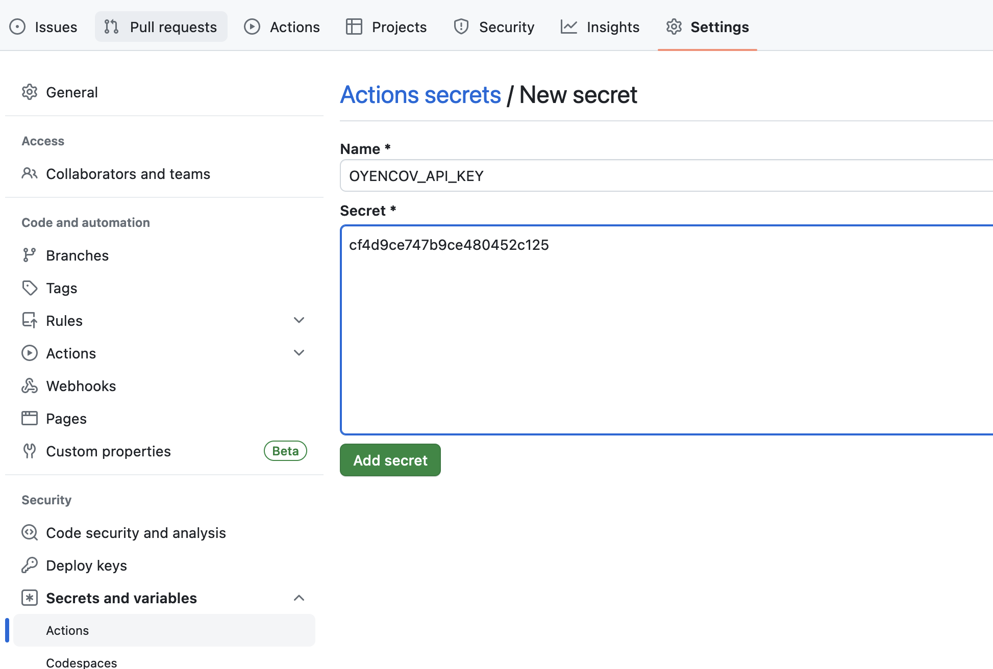 Adding GitHub Actions Secret